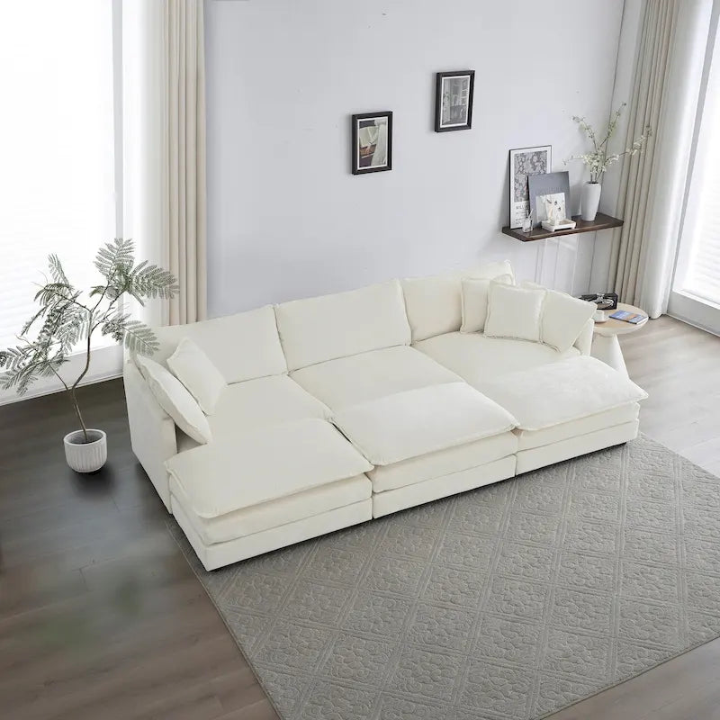 Canapé d'angle en U 6 places avec 3 poufs et oreillers