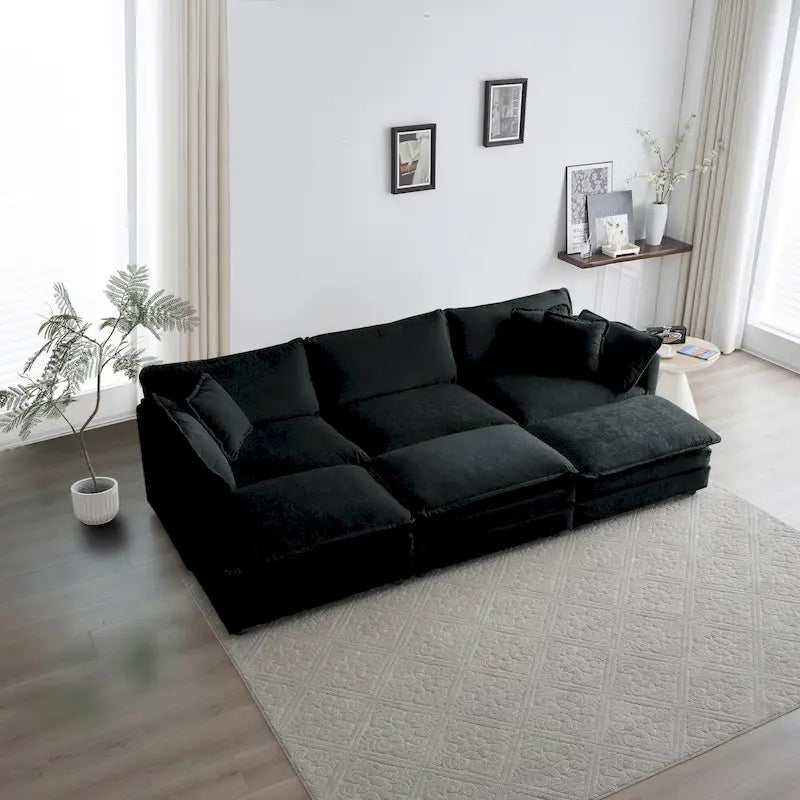 Canapé d'angle en U 6 places avec 3 poufs et oreillers