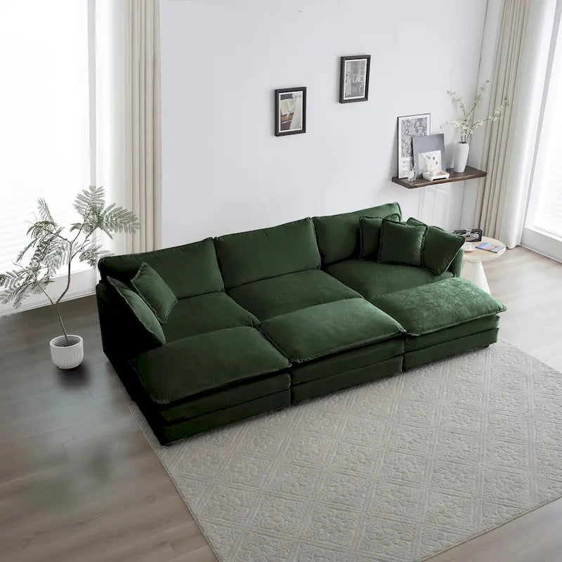 Canapé d'angle en U 6 places avec 3 poufs et oreillers