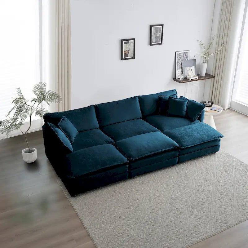 Canapé d'angle en U 6 places avec 3 poufs et oreillers