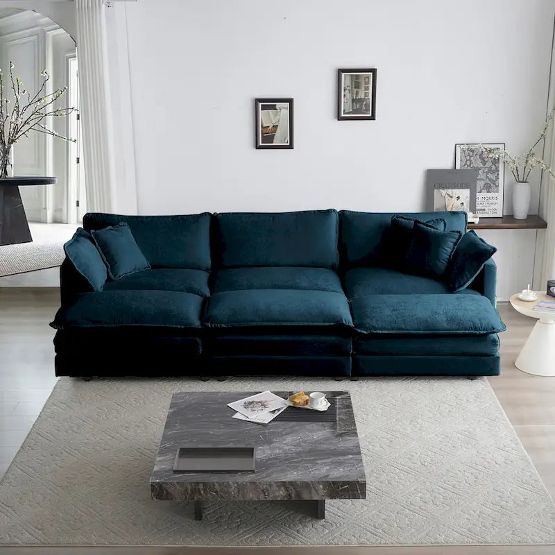 Canapé d'angle en U 6 places avec 3 poufs et oreillers