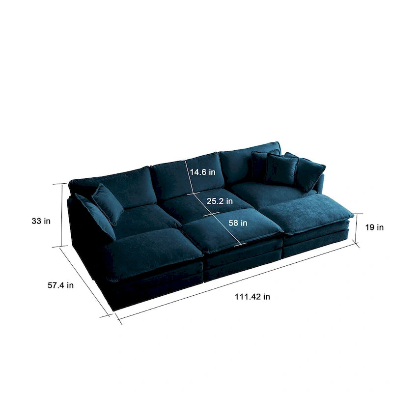 Canapé d'angle en U 6 places avec 3 poufs et oreillers