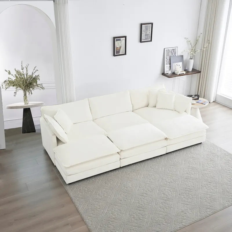 Canapé d'angle en U 6 places avec 3 poufs et oreillers