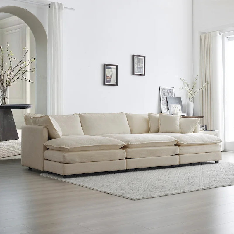 Canapé d'angle en U 6 places avec 3 poufs et oreillers