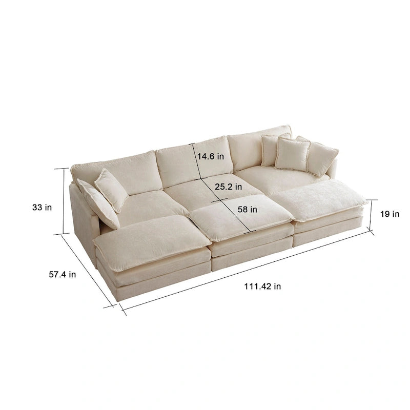 Canapé d'angle en U 6 places avec 3 poufs et oreillers