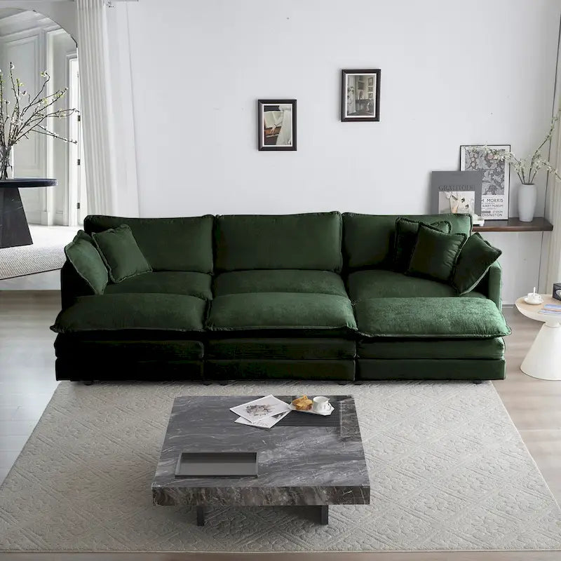 Canapé d'angle en U 6 places avec 3 poufs et oreillers