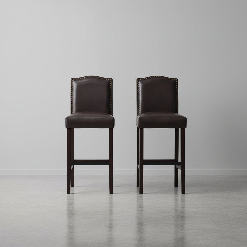 Lot de 2 tabourets de bar modernes avec dossiers rembourrés en cuir, clous décoratifs et pieds en bois massif pour salle à manger, salon, bar