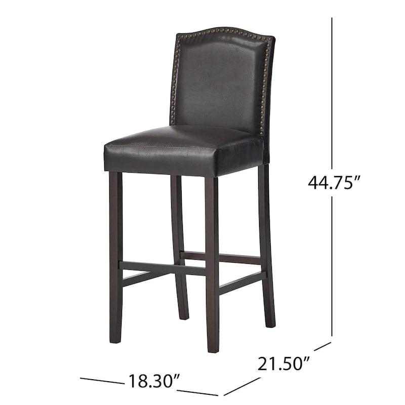 Lot de 2 tabourets de bar modernes avec dossiers rembourrés en cuir, clous décoratifs et pieds en bois massif pour salle à manger, salon, bar