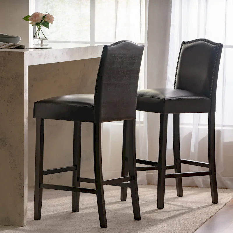 Lot de 2 tabourets de bar modernes avec dossiers rembourrés en cuir, clous décoratifs et pieds en bois massif pour salle à manger, salon, bar