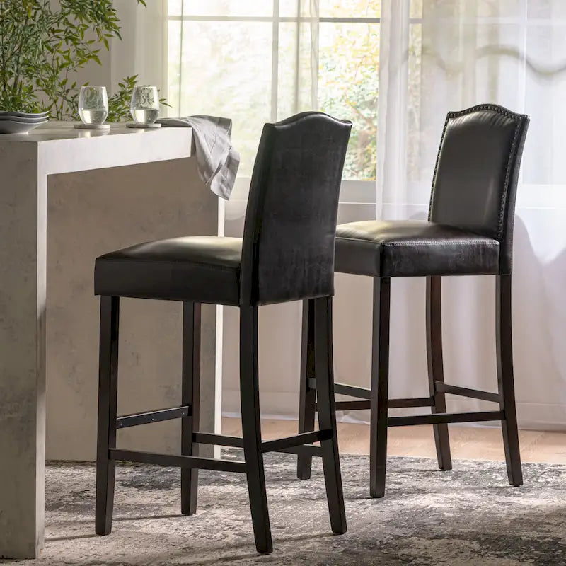 Lot de 2 tabourets de bar modernes avec dossiers rembourrés en cuir, clous décoratifs et pieds en bois massif pour salle à manger, salon, bar