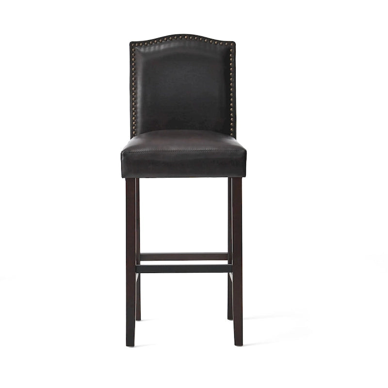 Lot de 2 tabourets de bar modernes avec dossiers rembourrés en cuir, clous décoratifs et pieds en bois massif pour salle à manger, salon, bar