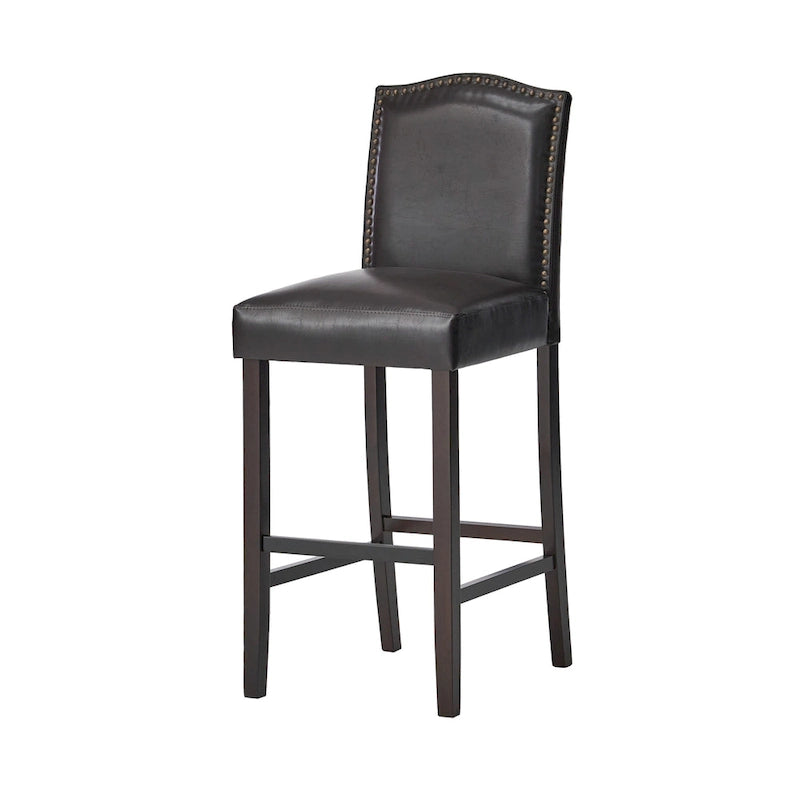 Lot de 2 tabourets de bar modernes avec dossiers rembourrés en cuir, clous décoratifs et pieds en bois massif pour salle à manger, salon, bar