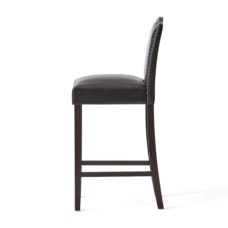 Lot de 2 tabourets de bar modernes avec dossiers rembourrés en cuir, clous décoratifs et pieds en bois massif pour salle à manger, salon, bar