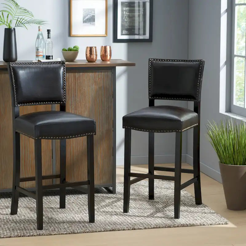 30.5 Tabouret de Bar Moderne avec Dossier en Cuir, Siège Rembourré, Clous Décoratifs et Pieds en Bois Massif pour Bar, Salle à Manger, Salon, Café