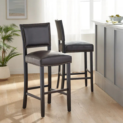 30.5 Tabouret de Bar Moderne avec Dossier en Cuir, Siège Rembourré, Clous Décoratifs et Pieds en Bois Massif pour Bar, Salle à Manger, Salon, Café
