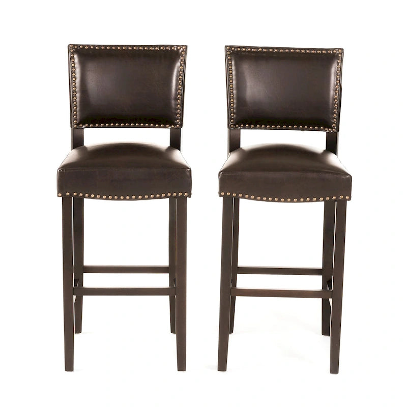 30.5 Tabouret de Bar Moderne avec Dossier en Cuir, Siège Rembourré, Clous Décoratifs et Pieds en Bois Massif pour Bar, Salle à Manger, Salon, Café
