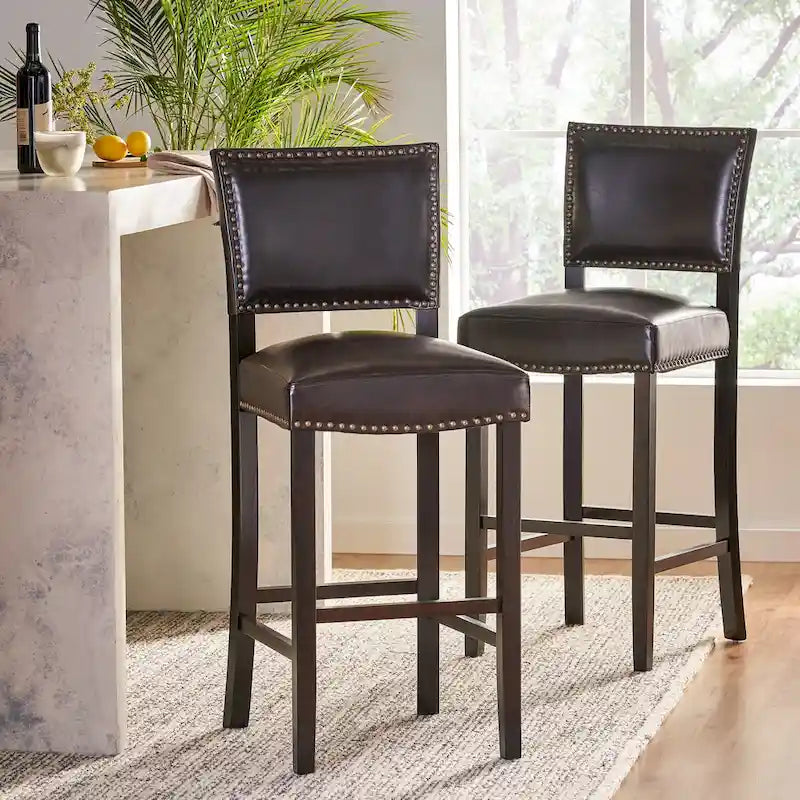 30.5 Tabouret de Bar Moderne avec Dossier en Cuir, Siège Rembourré, Clous Décoratifs et Pieds en Bois Massif pour Bar, Salle à Manger, Salon, Café