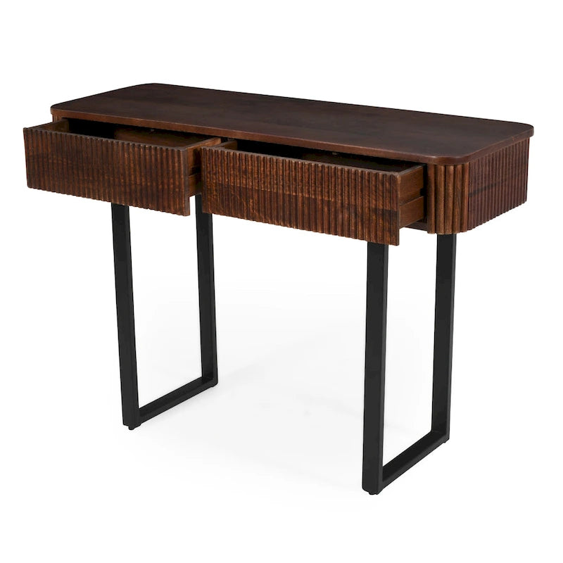 Console d'entrée moderne en bois massif avec motif cannelé et rangement