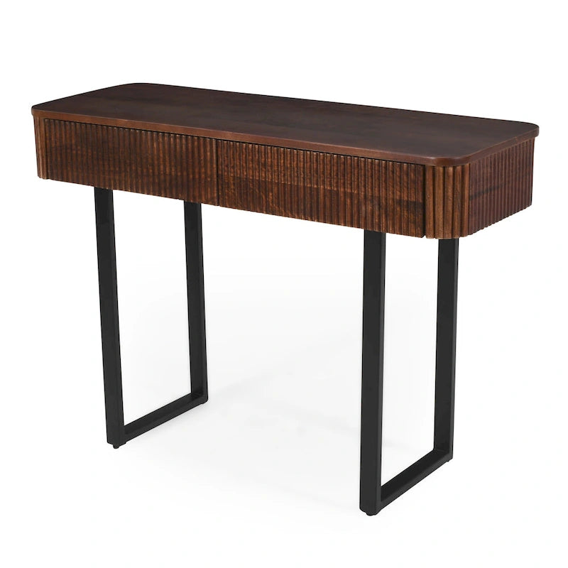 Console d'entrée moderne en bois massif avec motif cannelé et rangement