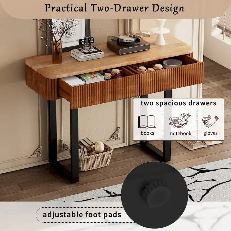 Console d'entrée moderne en bois massif avec motif cannelé et rangement