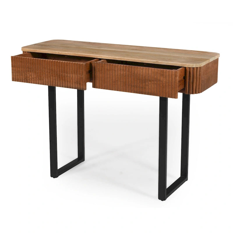 Console d'entrée moderne en bois massif avec motif cannelé et rangement