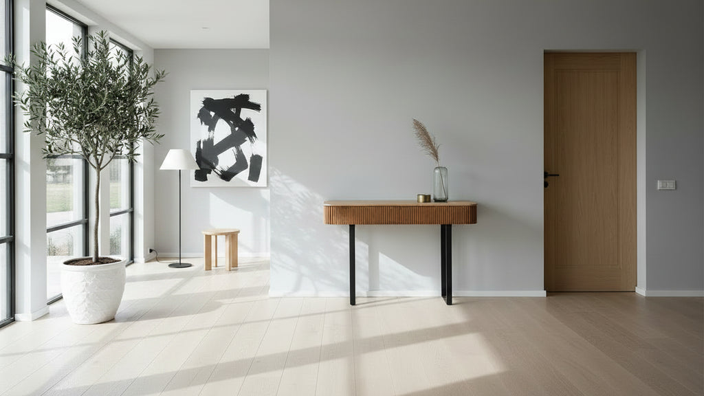 Console d'entrée moderne en bois massif avec motif cannelé et rangement