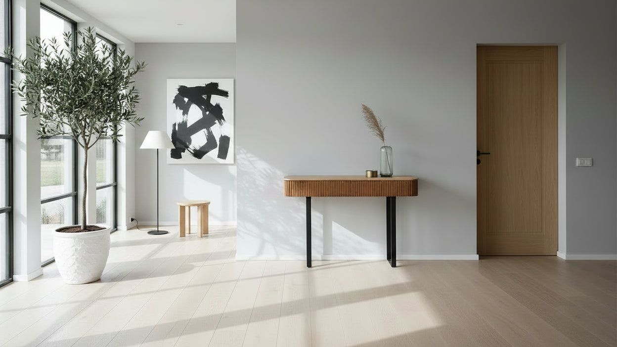 Console d'entrée moderne en bois massif avec motif cannelé et rangement