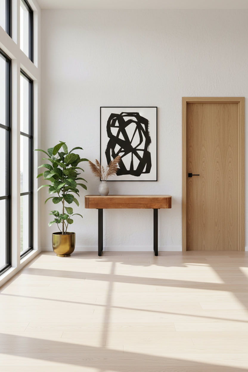 Console d'entrée moderne en bois massif avec motif cannelé et rangement