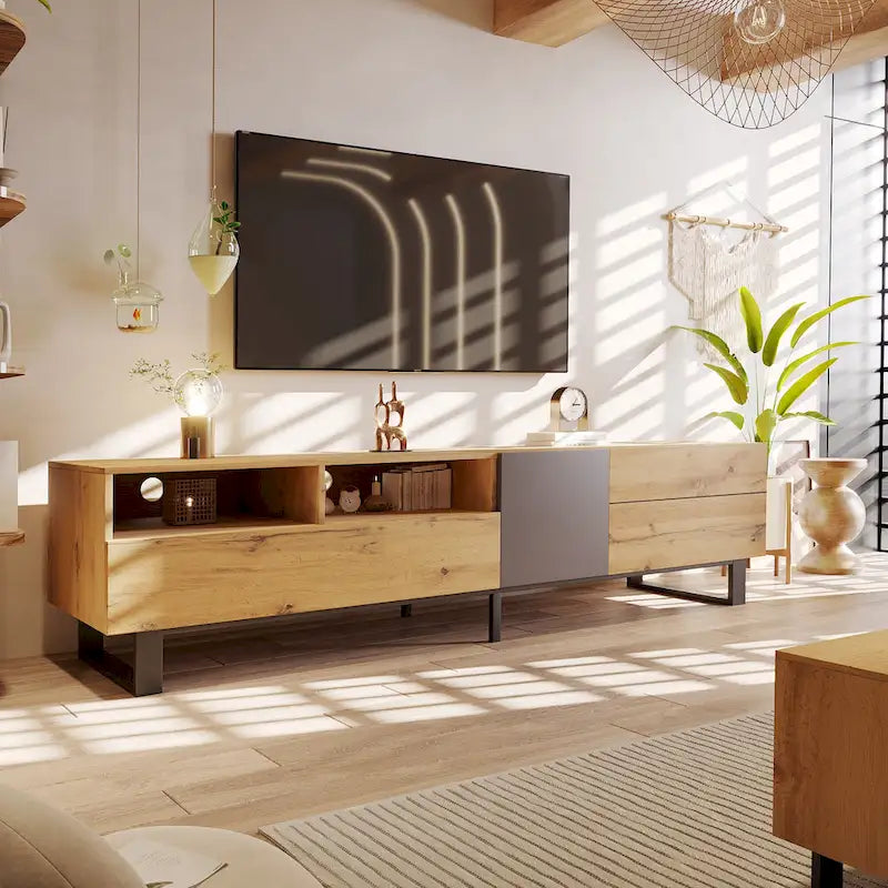 70.9 TV Stand with Double Storage Space and Drop Down Door for TVs Up to 80