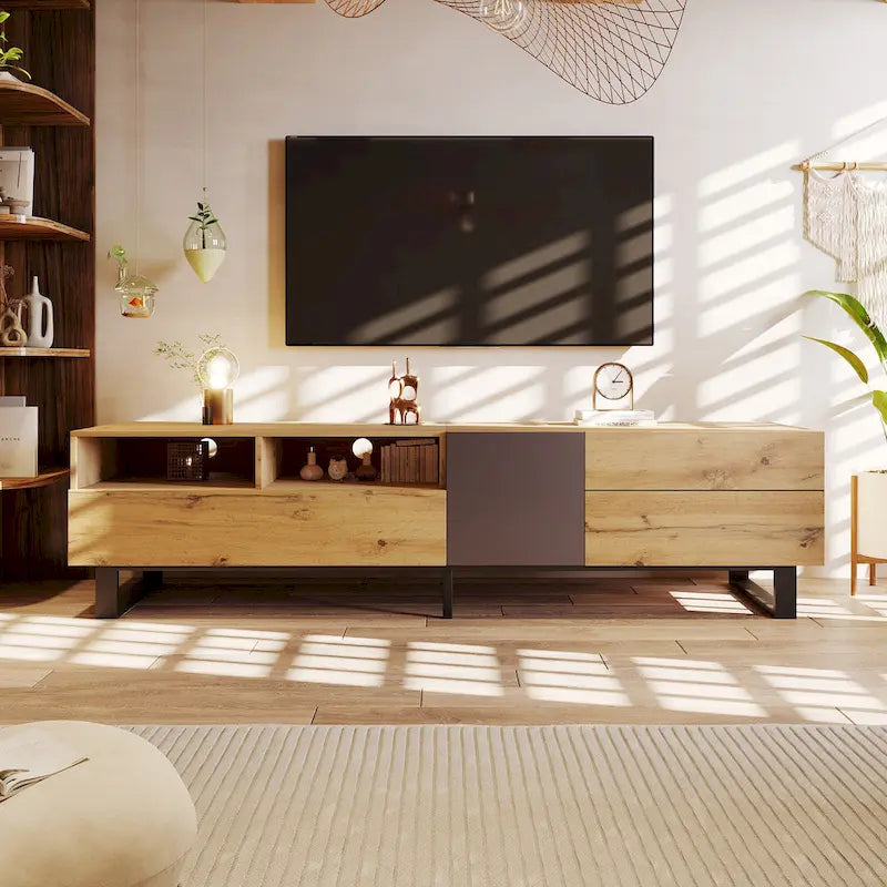 Meuble TV de 70,9 po avec double espace de rangement et porte abattante pour téléviseurs jusqu'à 80 po