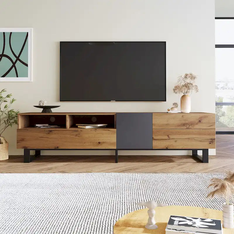 Meuble TV de 70,9 po avec double espace de rangement et porte abattante pour téléviseurs jusqu'à 80 po
