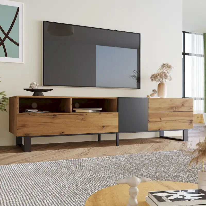 Meuble TV de 70,9 po avec double espace de rangement et porte abattante pour téléviseurs jusqu'à 80 po