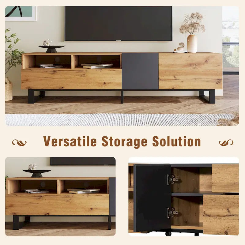 Meuble TV de 70,9 po avec double espace de rangement et porte abattante pour téléviseurs jusqu'à 80 po