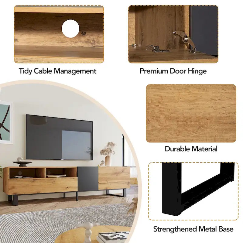 Meuble TV de 70,9 po avec double espace de rangement et porte abattante pour téléviseurs jusqu'à 80 po