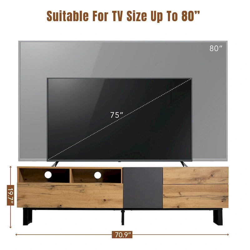 Meuble TV de 70,9 po avec double espace de rangement et porte abattante pour téléviseurs jusqu'à 80 po