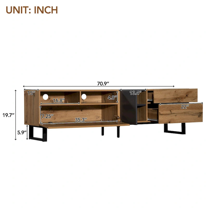 Meuble TV de 70,9 po avec double espace de rangement et porte abattante pour téléviseurs jusqu'à 80 po