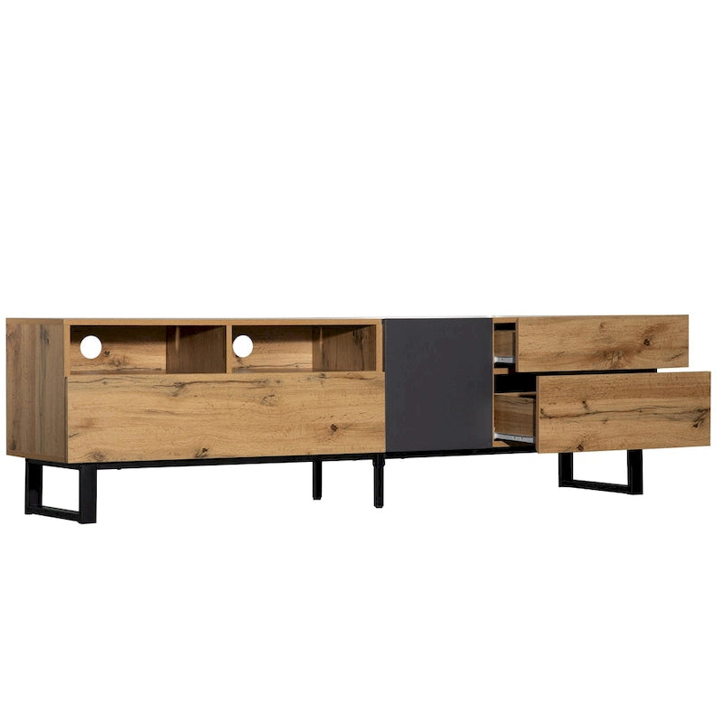 Meuble TV de 70,9 po avec double espace de rangement et porte abattante pour téléviseurs jusqu'à 80 po