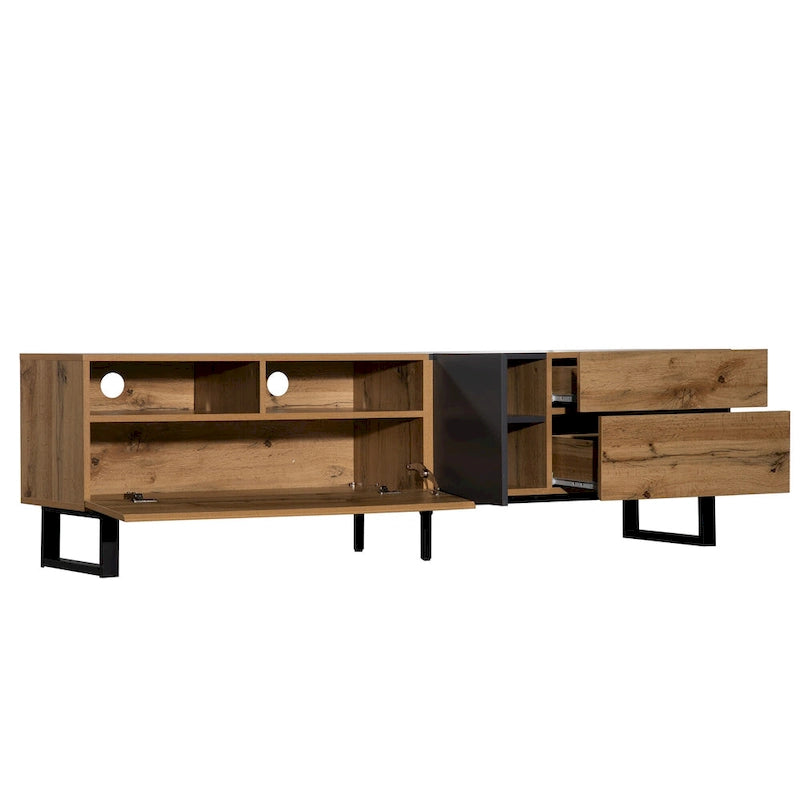 Meuble TV de 70,9 po avec double espace de rangement et porte abattante pour téléviseurs jusqu'à 80 po