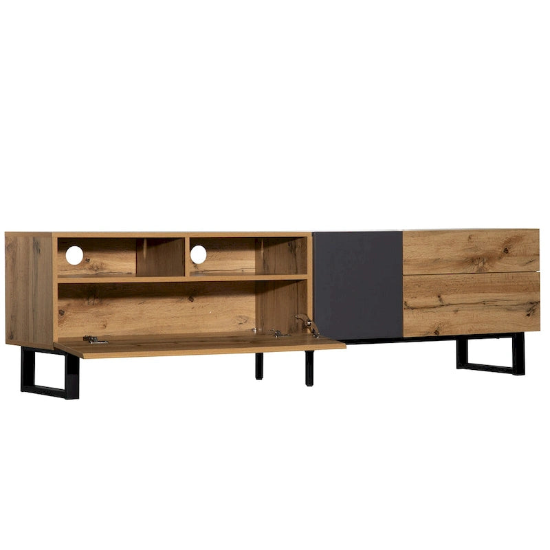 Meuble TV de 70,9 po avec double espace de rangement et porte abattante pour téléviseurs jusqu'à 80 po