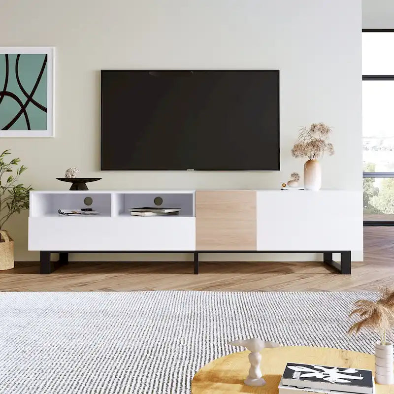 Meuble TV de 70,9 po avec double espace de rangement et porte abattante pour téléviseurs jusqu'à 80 po