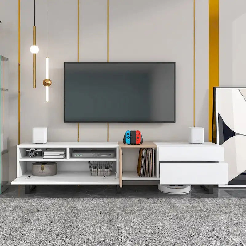 Meuble TV de 70,9 po avec double espace de rangement et porte abattante pour téléviseurs jusqu'à 80 po