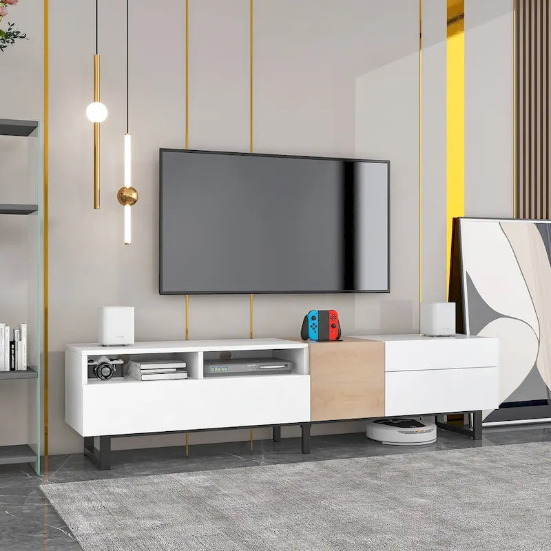 Meuble TV de 70,9 po avec double espace de rangement et porte abattante pour téléviseurs jusqu'à 80 po