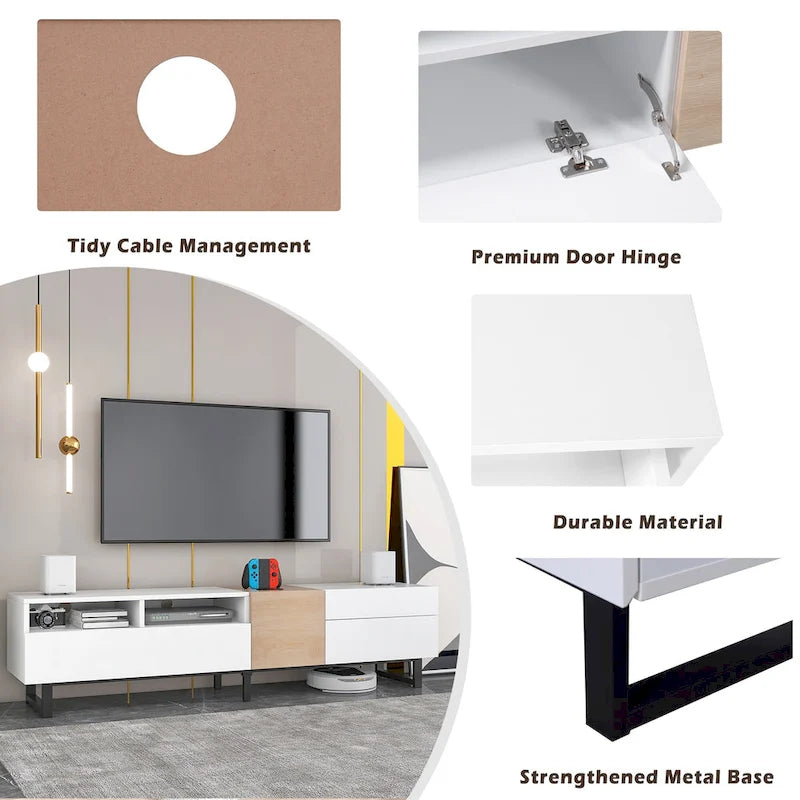Meuble TV de 70,9 po avec double espace de rangement et porte abattante pour téléviseurs jusqu'à 80 po