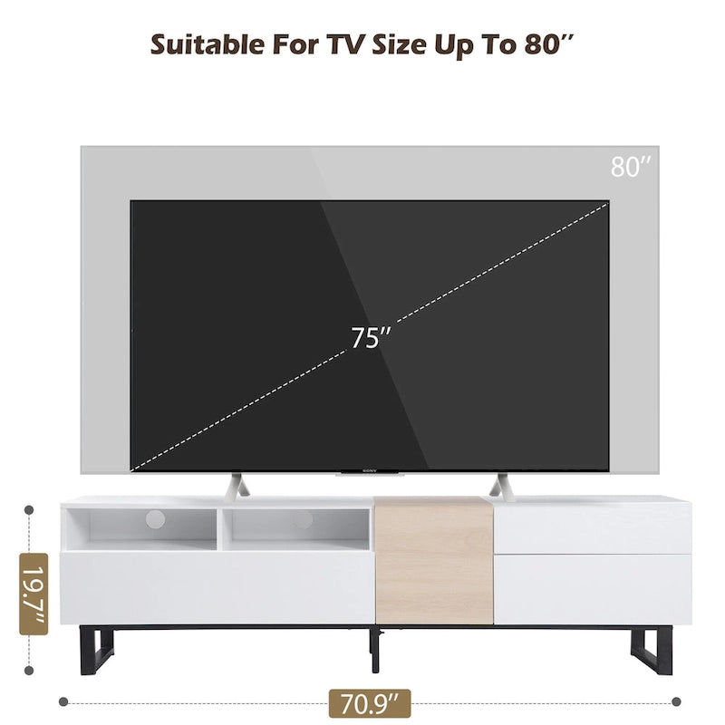 Meuble TV de 70,9 po avec double espace de rangement et porte abattante pour téléviseurs jusqu'à 80 po