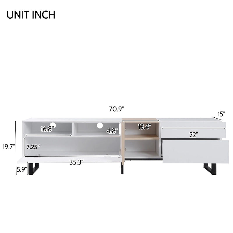 Meuble TV de 70,9 po avec double espace de rangement et porte abattante pour téléviseurs jusqu'à 80 po