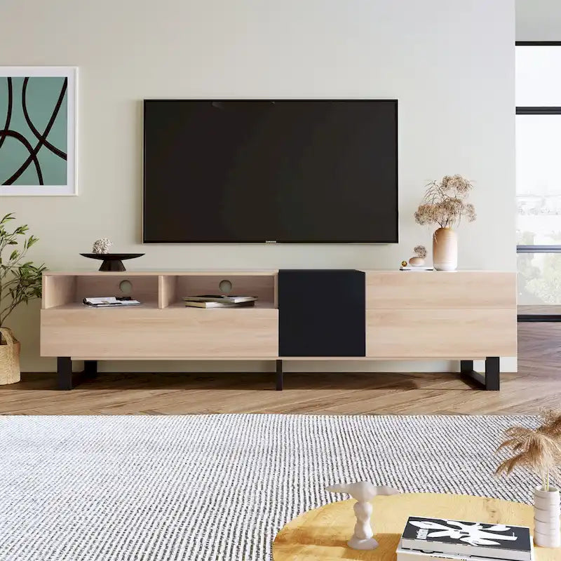 Meuble TV de 70,9 po avec double espace de rangement et porte abattante pour téléviseurs jusqu'à 80 po