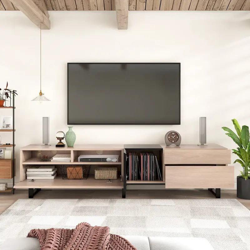 Meuble TV de 70,9 po avec double espace de rangement et porte abattante pour téléviseurs jusqu'à 80 po