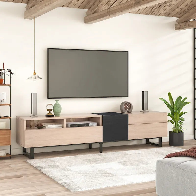 Meuble TV de 70,9 po avec double espace de rangement et porte abattante pour téléviseurs jusqu'à 80 po