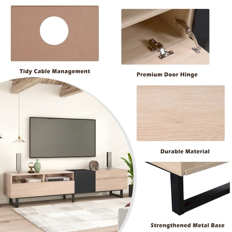 Meuble TV de 70,9 po avec double espace de rangement et porte abattante pour téléviseurs jusqu'à 80 po