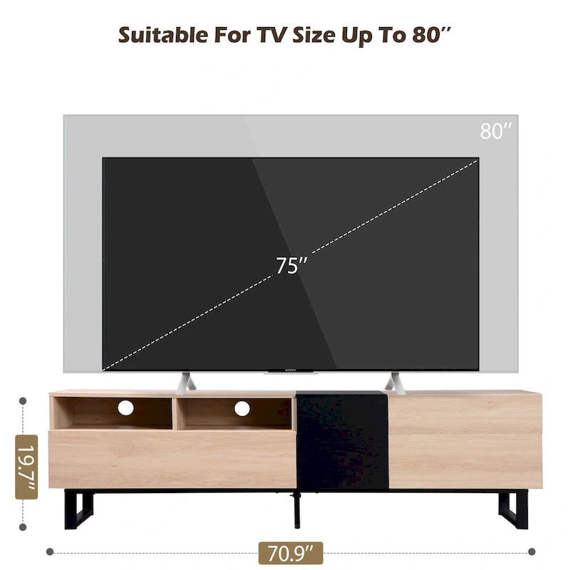 Meuble TV de 70,9 po avec double espace de rangement et porte abattante pour téléviseurs jusqu'à 80 po
